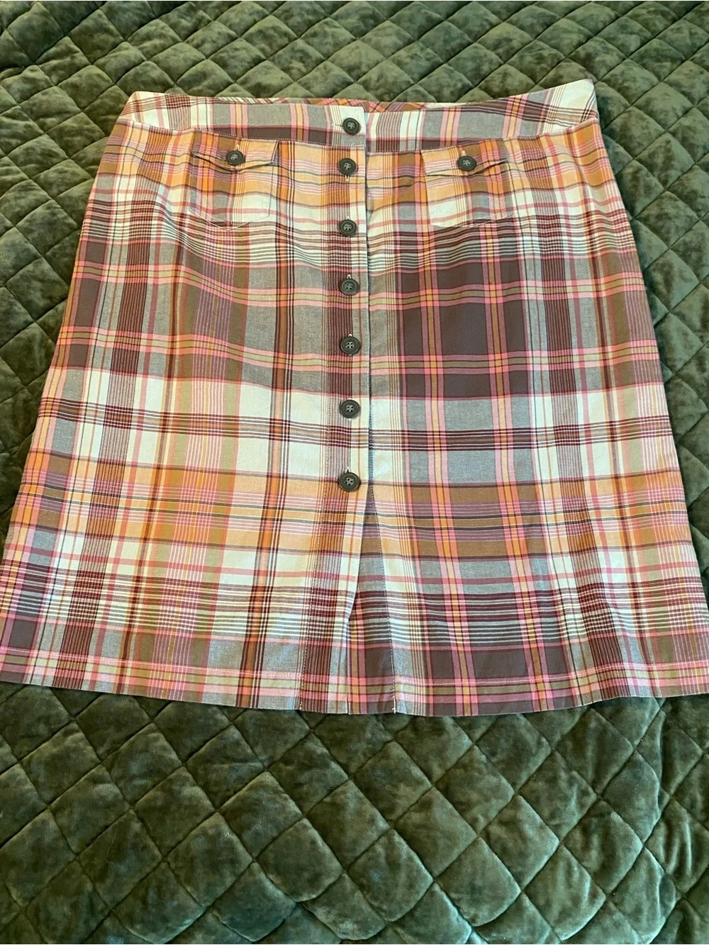 Plaid Button-Front Skirt in Pink and Brown